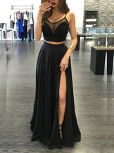 Black Two-Piece Prom Dress, A-Line Spaghetti Straps Evening Dress with Split